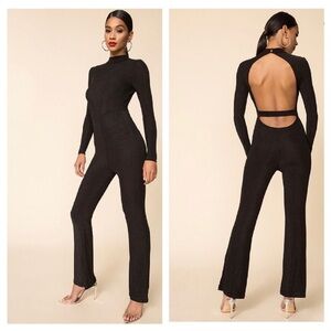 NWOT Superdown Nissa Metallic Glitter Open Back Jumpsuit S Black Mock Neck